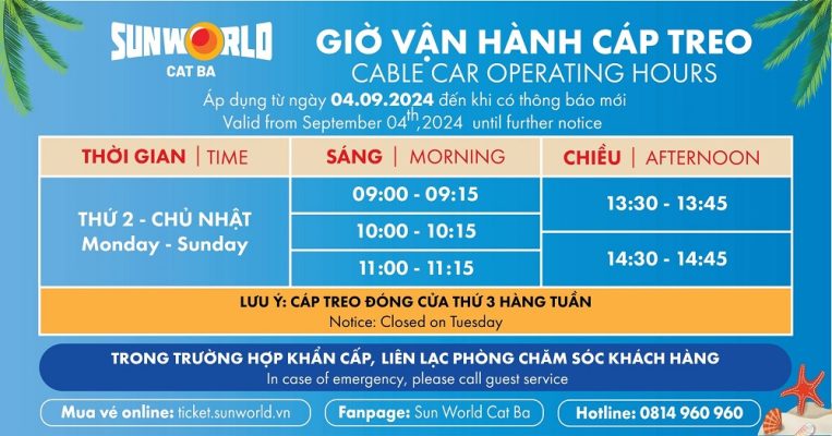 Bảng giá vé và thời gian vận hành tuyến cáp treo Cát Bà